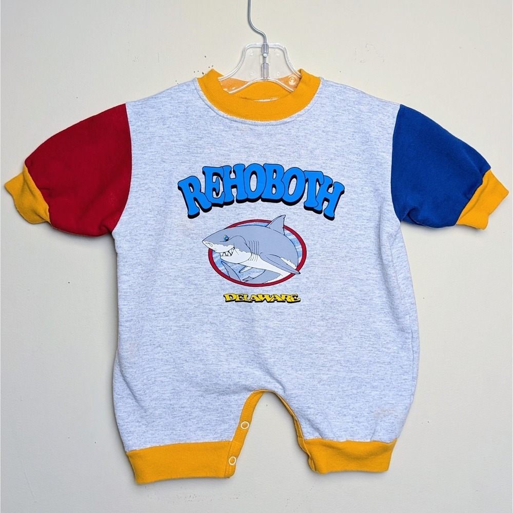 Vintage Rehoboth Beach Delaware Shark Colorblock 90s Romper One Piece 12 Months